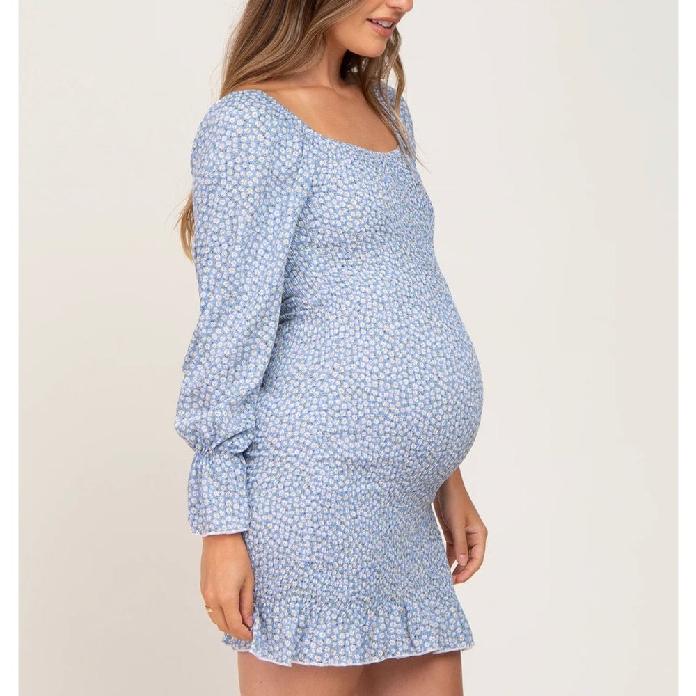 Pink Blush Light Blue Ditsy Floral Smocked Long Sleeve Maternity Mini Dress